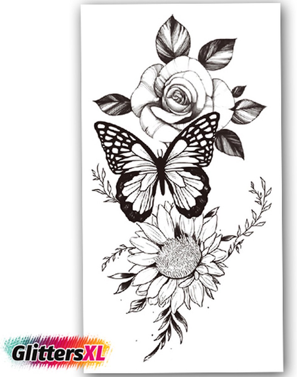 GlittersXL - Temporary Tattoo Vlinder/Roos/Bloem (21x12 cm) [Neptattoo - Tijdelijke tatoeage - Nep Fake Tattoos - Water overdraagbare festival sticker henna outfit tattoo - Glitter tattoo - Volwassenen Kinderen Jongen Meisje]